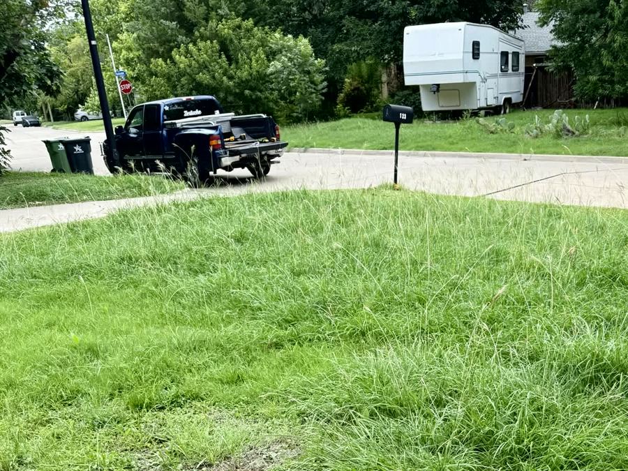 Overgrown front lawn with long grass before mowing — Arlington, TX